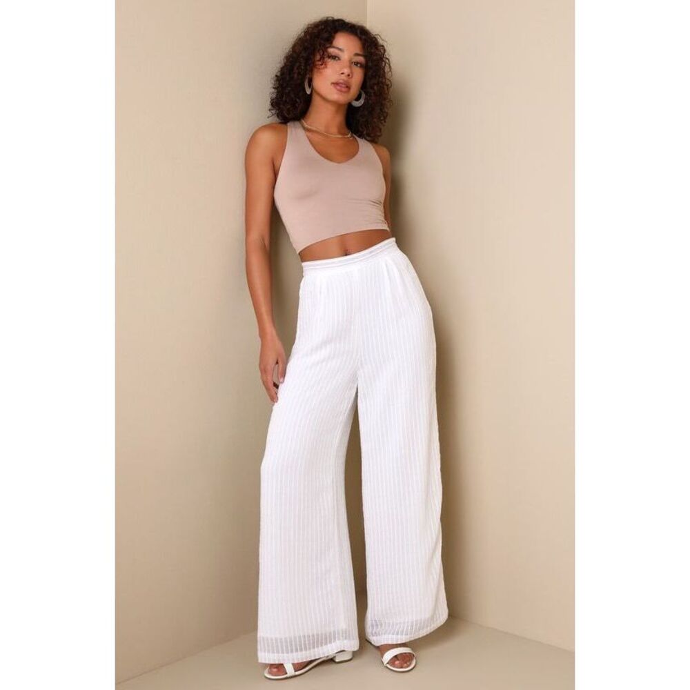 Lulus Breezy Option Ivory Textured High Waisted Wide Leg Pants White - Size L